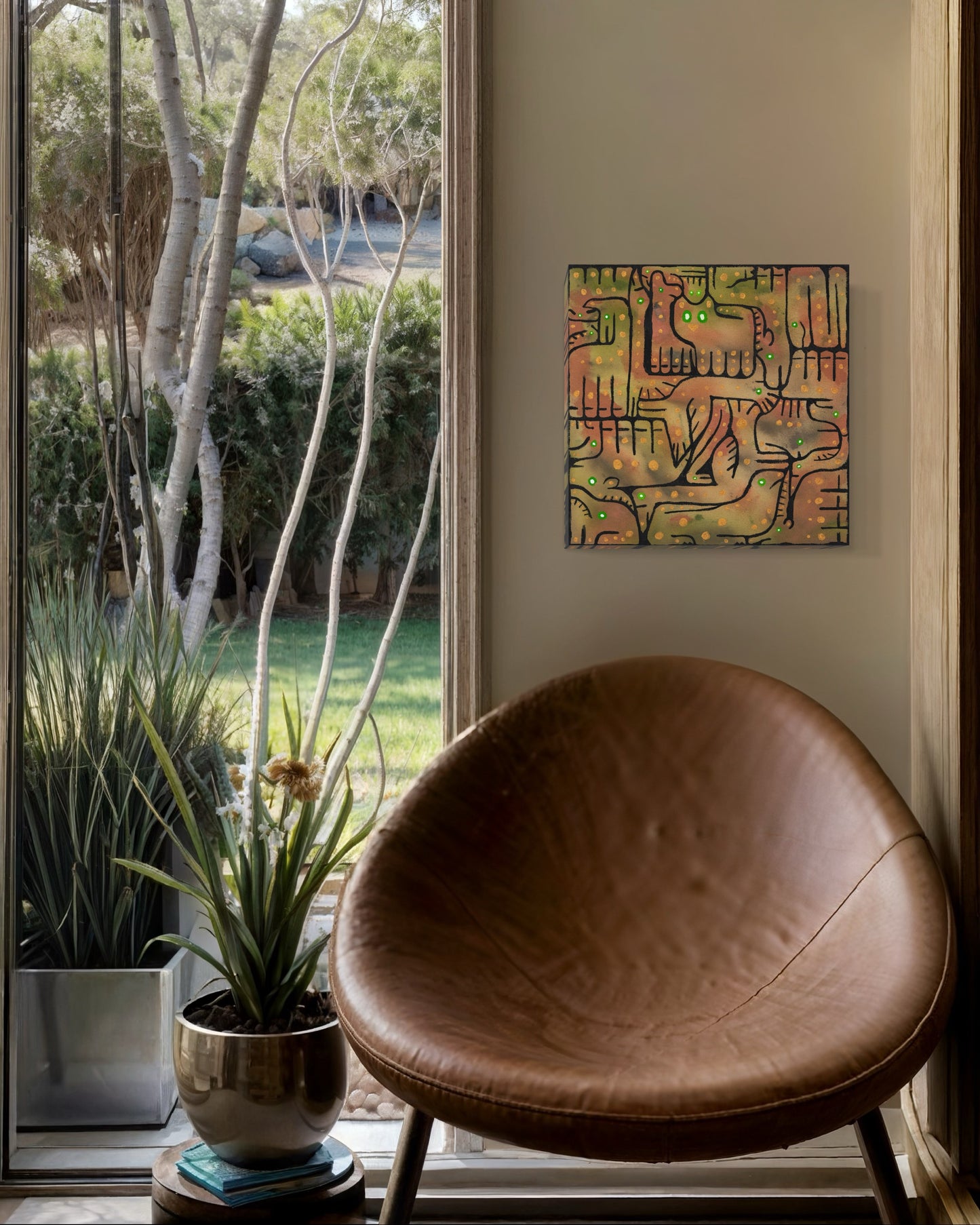 A black green gold and rust colored  painting with gradients. Tthe paintign in over a chair.