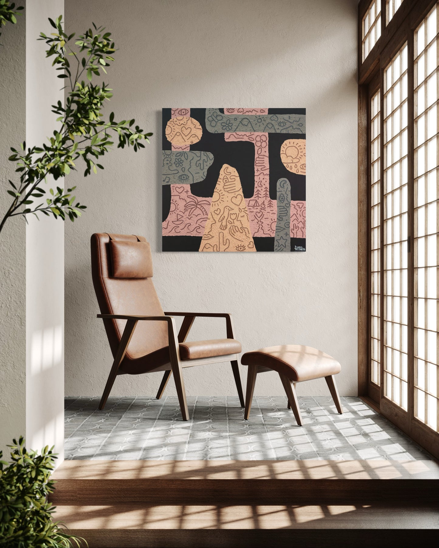 A large textured painting containing modern hieroglyphics staged in a wabi-sabi styled room