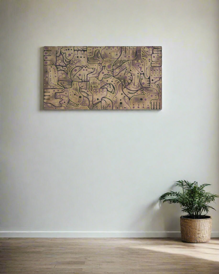 A earth tone painting that is purple yellow and green. the subject is of animals.