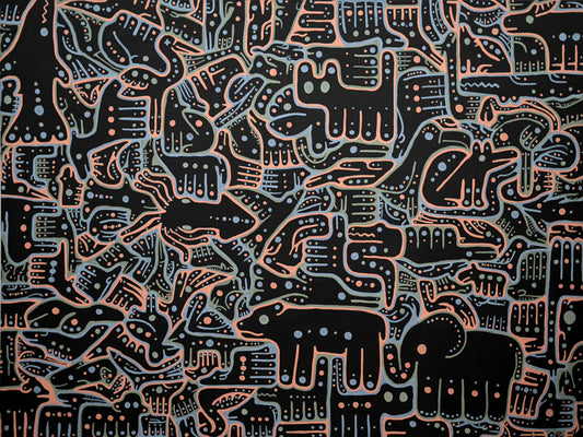 A Green, blue, and orange painting of animals with a cat, bear, elephant, and fox, from view