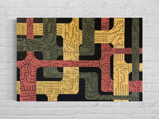 Green, red, and yellow ,textural statement piece hanging on a brick wall