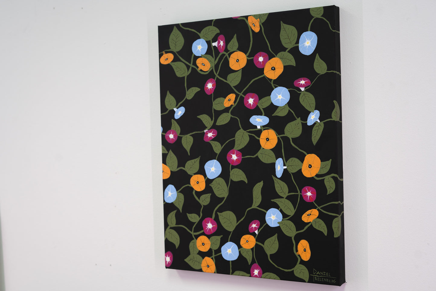A side view of a painting of morning glories 