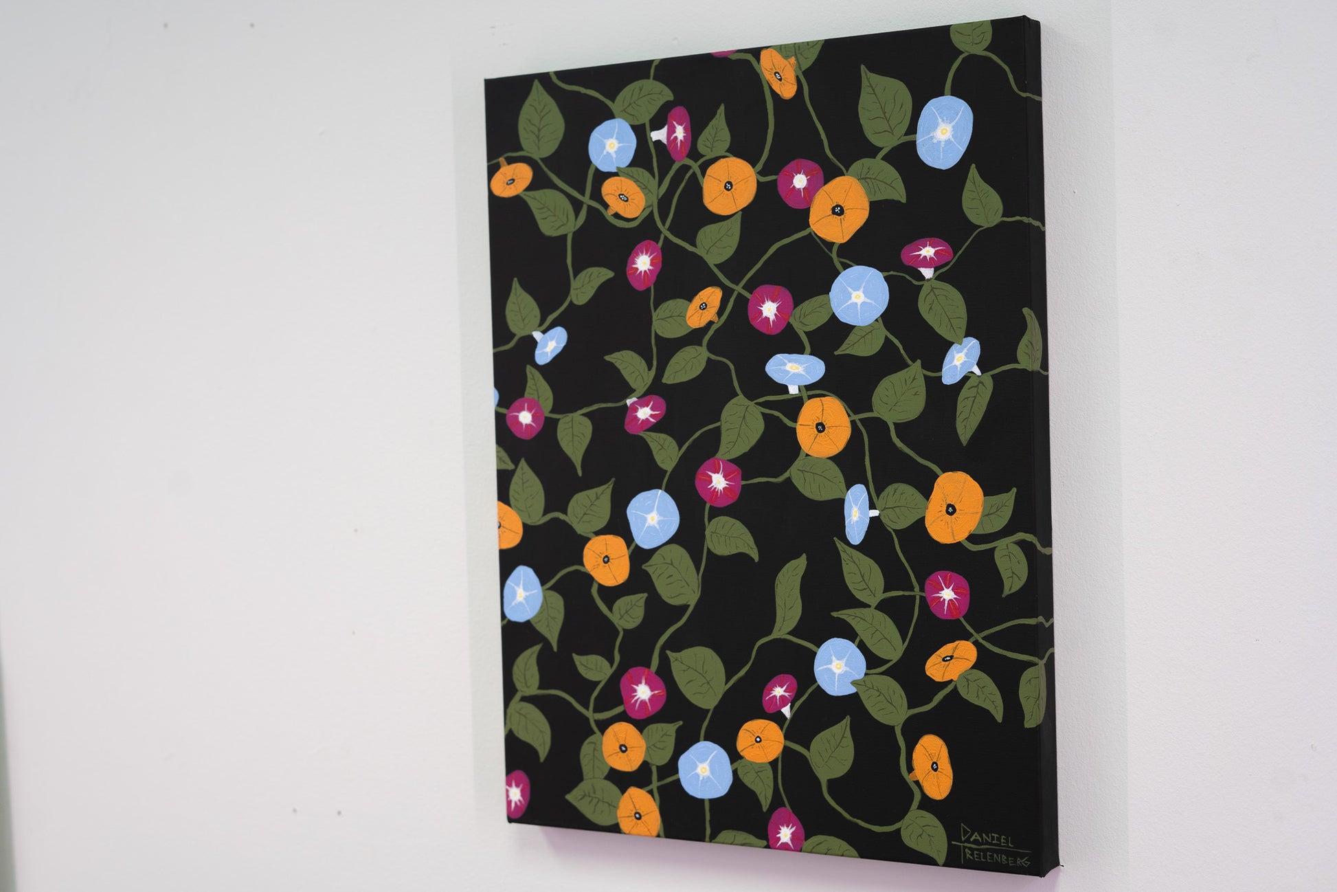 A side view of a painting of morning glories 