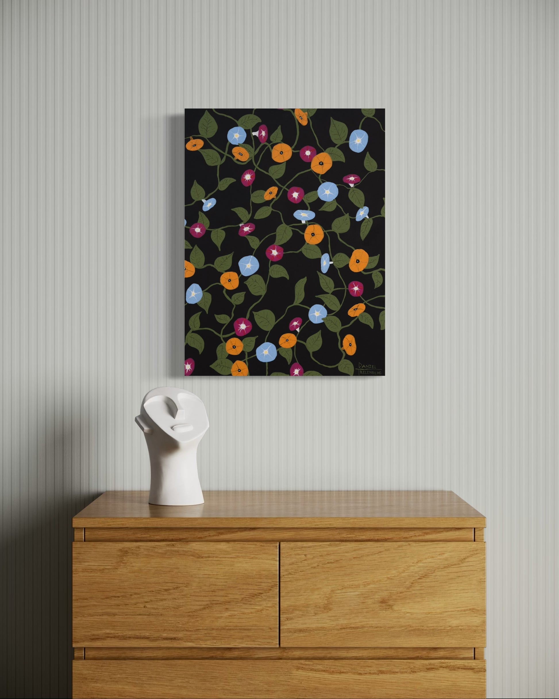 Morning glories that are painted on a black background 